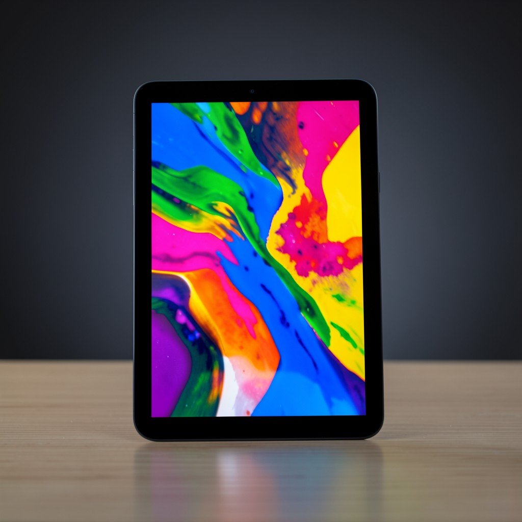 A modern tablet standing upright on a desk showing a colorful abstract wallpaper on the screen, dark gradient background, no visible text, aspect ratio 1:1