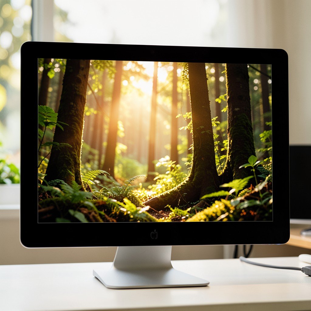 Product photo editing setup with a forest background on a computer screen, natural lighting, warm tones, no text, 4:3