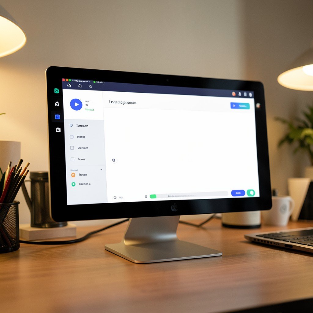 Remote collaboration platform interface mockup on desktop screen, modern office desk, warm lighting, no text, 1:1
