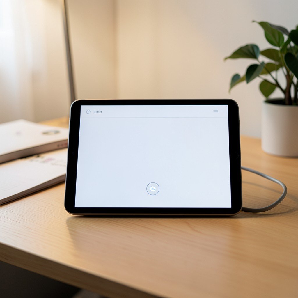 Conversational AI assistant interface on a tablet device, modern desk setup, soft ambient lighting, no text, 4:3