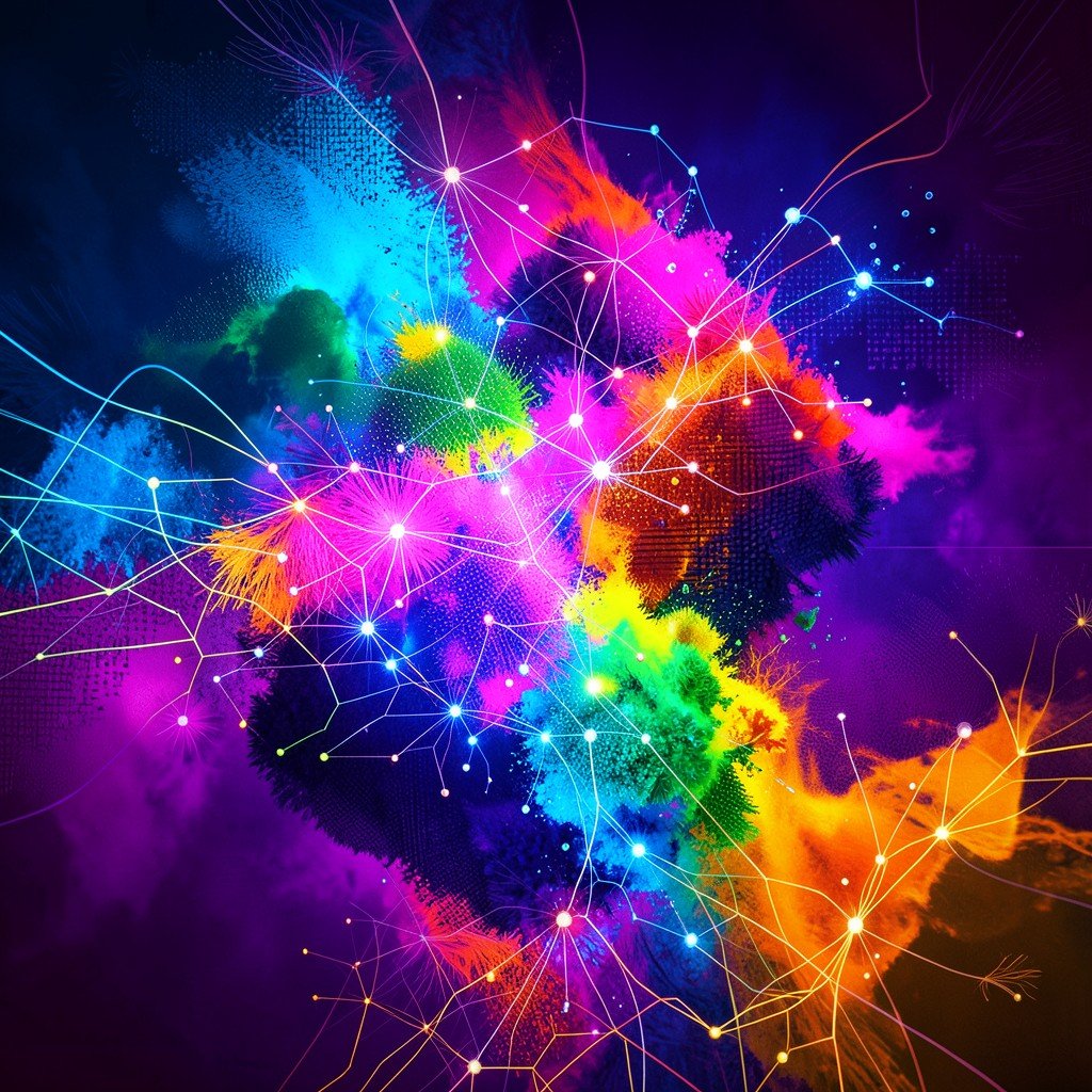 An abstract digital art piece showing the fusion of video and image generation with vibrant colors, neural network textures, modern aesthetic, 4:3