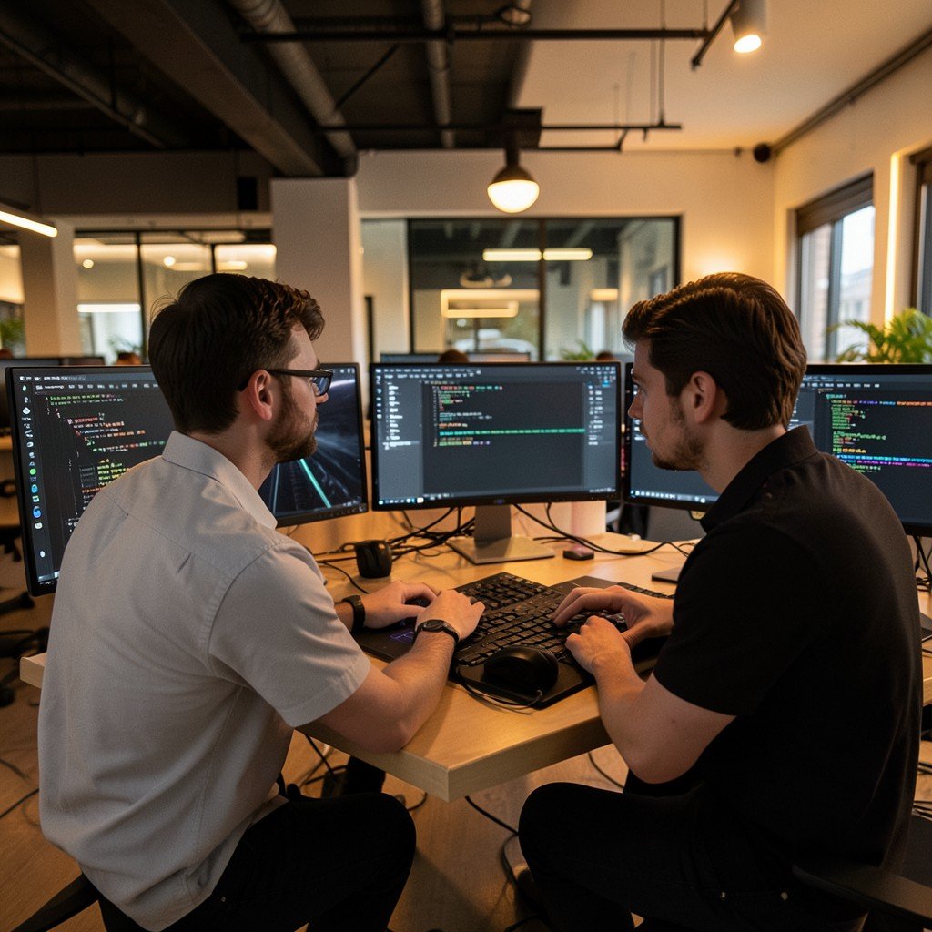Two software engineers working together on coding tasks with multiple monitors displaying dark mode code editors in a modern tech office, warm lighting, aspect ratio 1:1