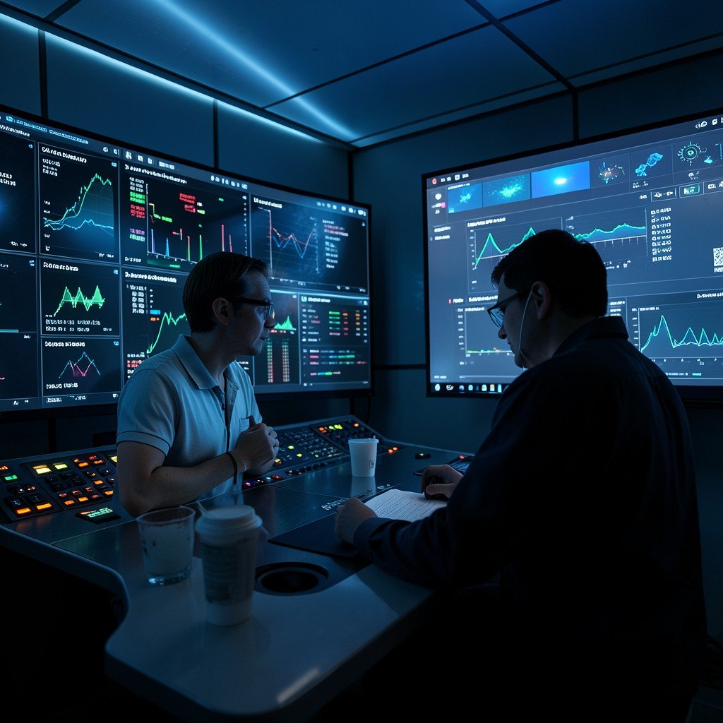 Apple engineers analyzing AI performance data on large screens in a dimly lit modern control room with cool blue ambient lighting, aspect ratio 4:3