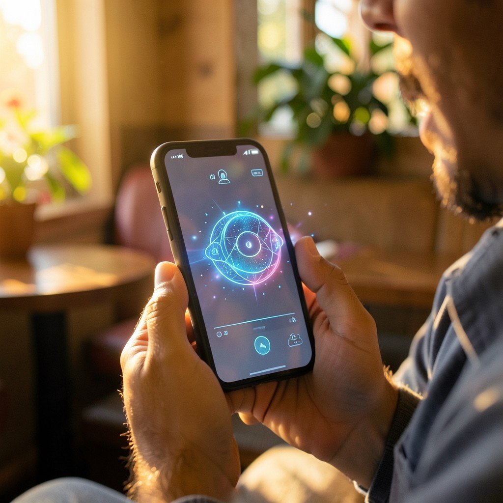 A person holding a smartphone with a glowing AI assistant interface in a cozy cafe setting with warm sunlight, no visible text, aspect ratio 1:1