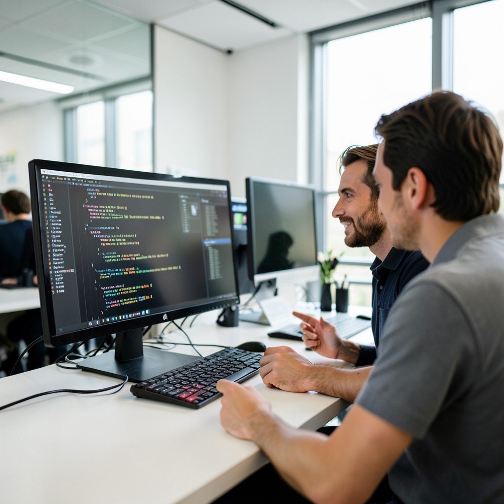 Programmer looking at a monitor with code chatting with colleague, modern tech office, NO KOREAN Text, 1:1