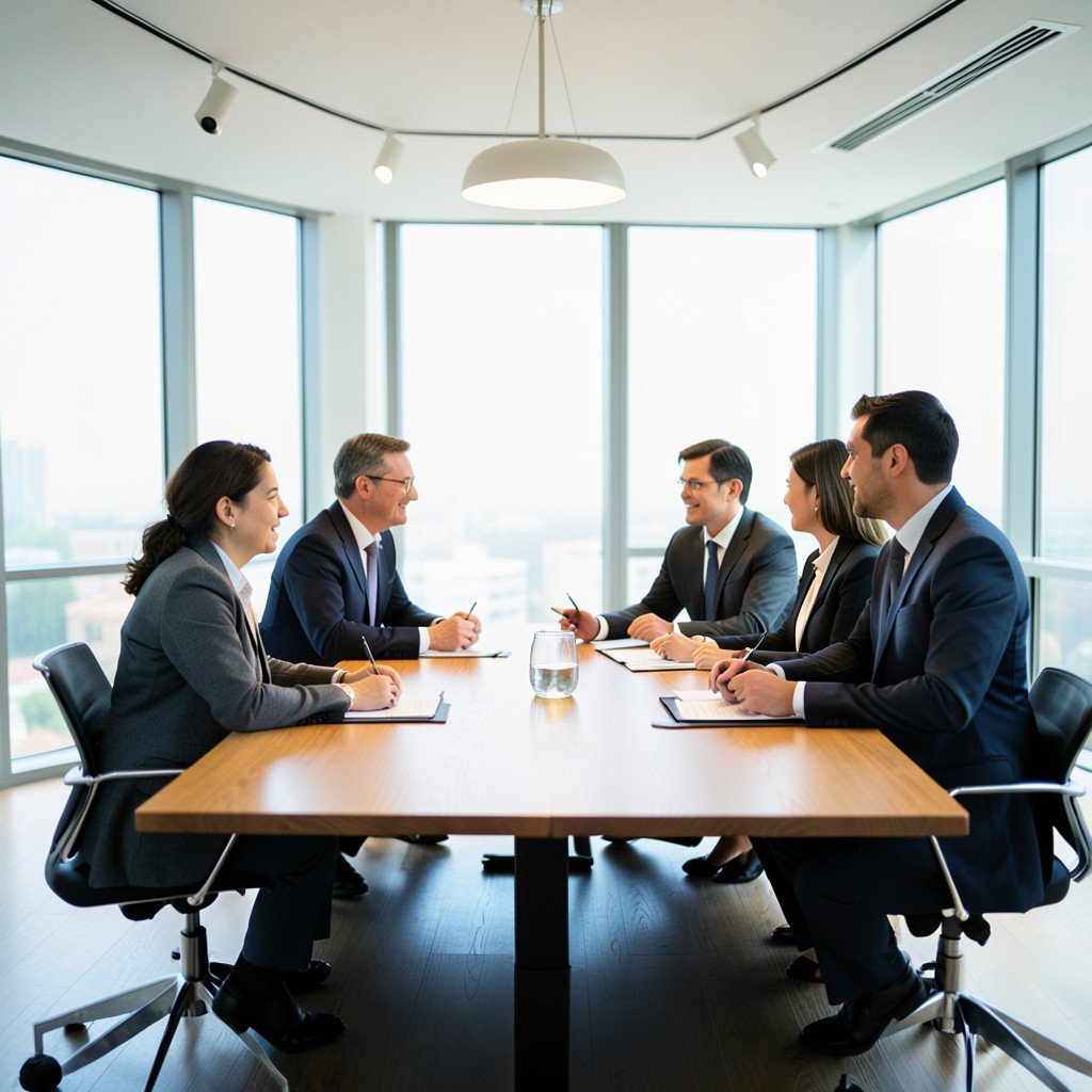 Apple executives having a strategic meeting around a wooden table in a bright modern room, NO KOREAN Text, 4:3
