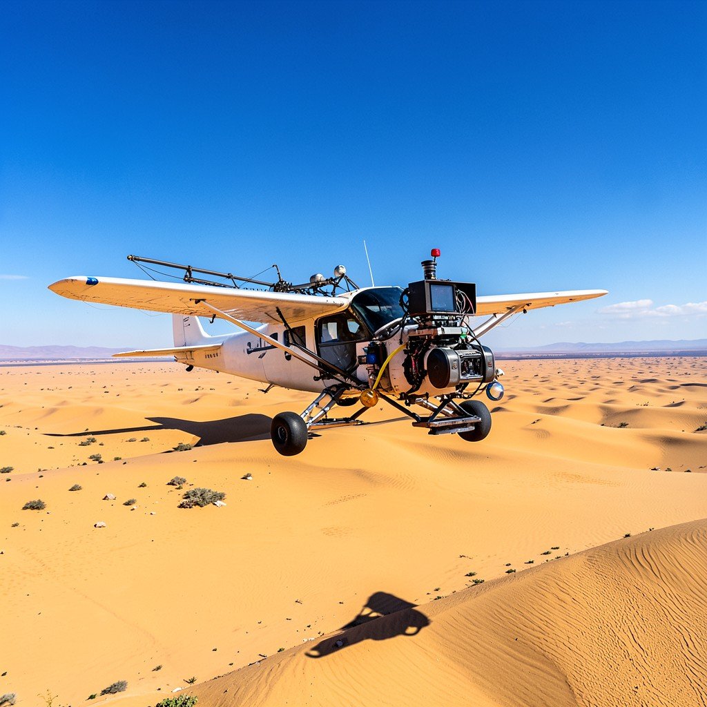 A small airplane equipped with heavy cinematic camera rig flying over a vast desert landscape, intense sunlight, clear blue sky, NO text, 16:9 aspect ratio
