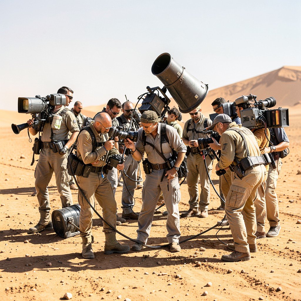Film production crew working in a harsh desert environment with heavy camera equipment, bright sunlight, realistic setting, NO text, 16:9 aspect ratio