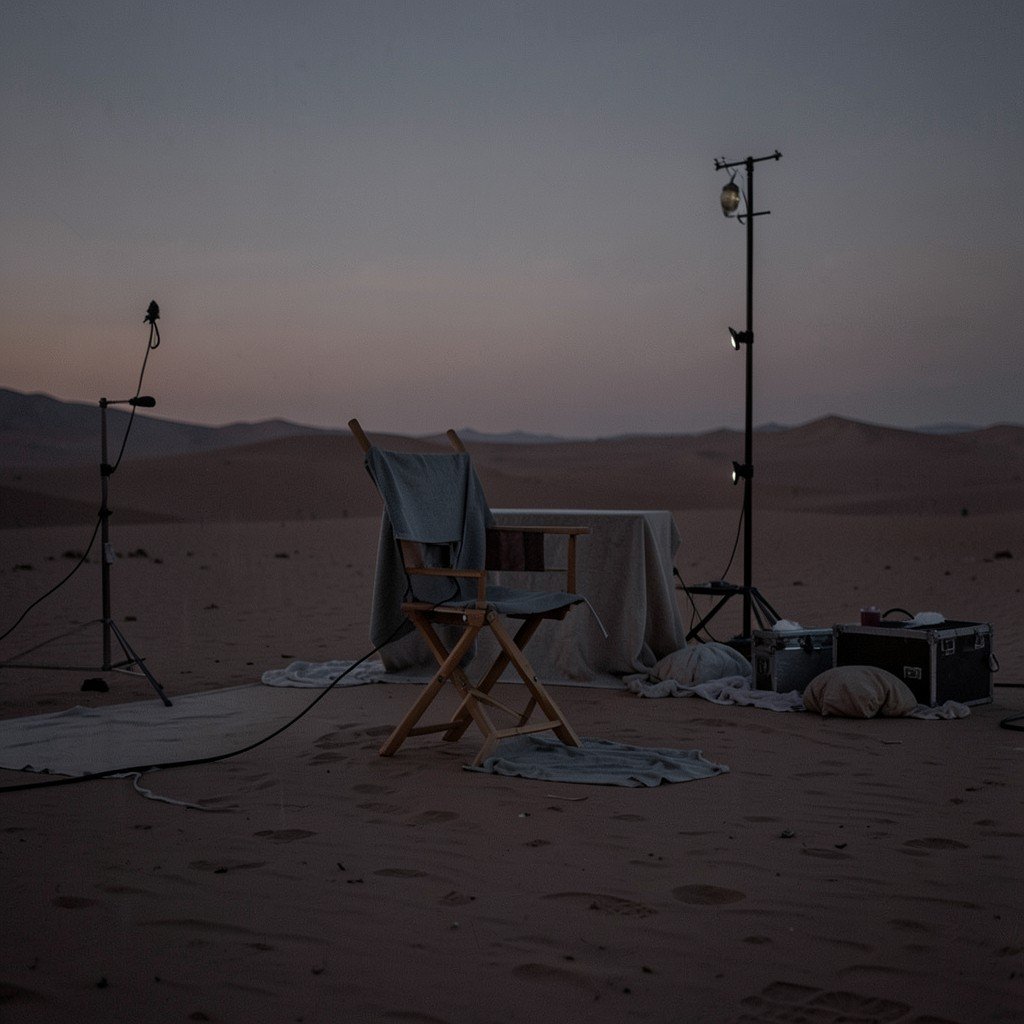 A halted and empty film set in a desert with a single directors chair and equipment covered in cloths, somber mood, dusk lighting, NO text, 16:9 aspect ratio