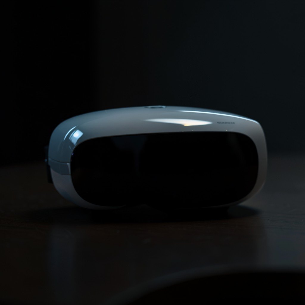 An Apple Vision Pro headset displayed on a table in a dark room with cinematic lighting reflecting its glossy surface, moody atmosphere, NO text, 16:9 aspect ratio