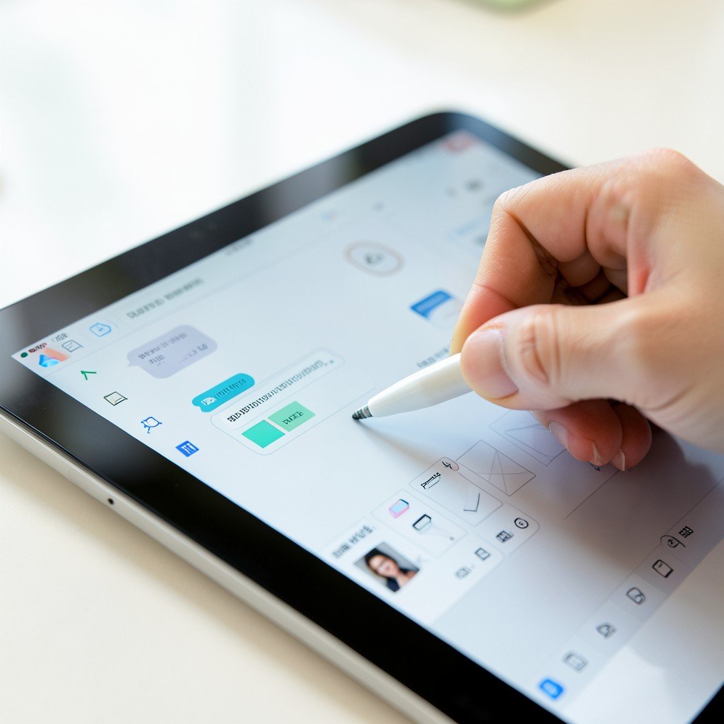 A close up view of a hand using a stylus on a tablet screen showing a conversational design tool interface with chat bubbles and graphic editing panels bright lighting clean workspace NO KOREAN Text 1:1
