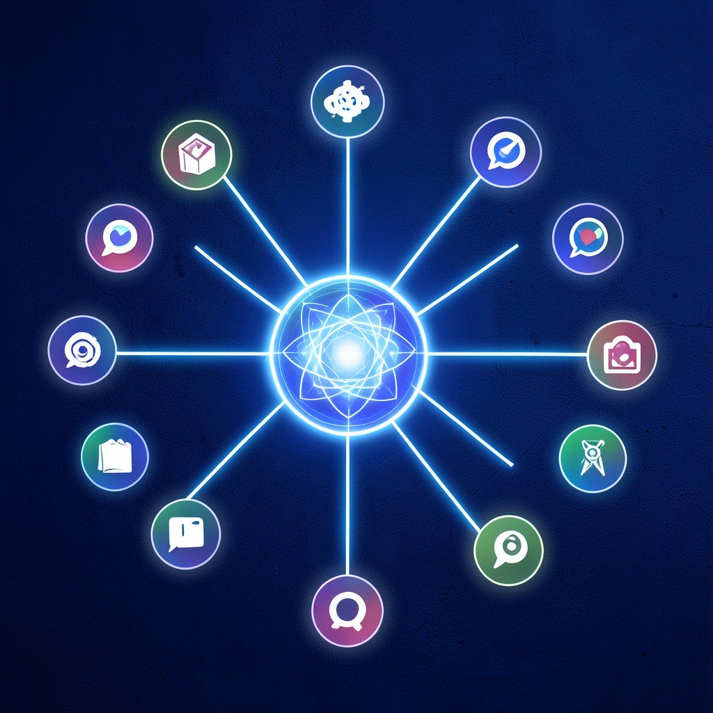 A conceptual illustration showing various app icons connected by glowing lines to a central glowing artificial intelligence core on a dark blue textured background NO KOREAN Text 1:1