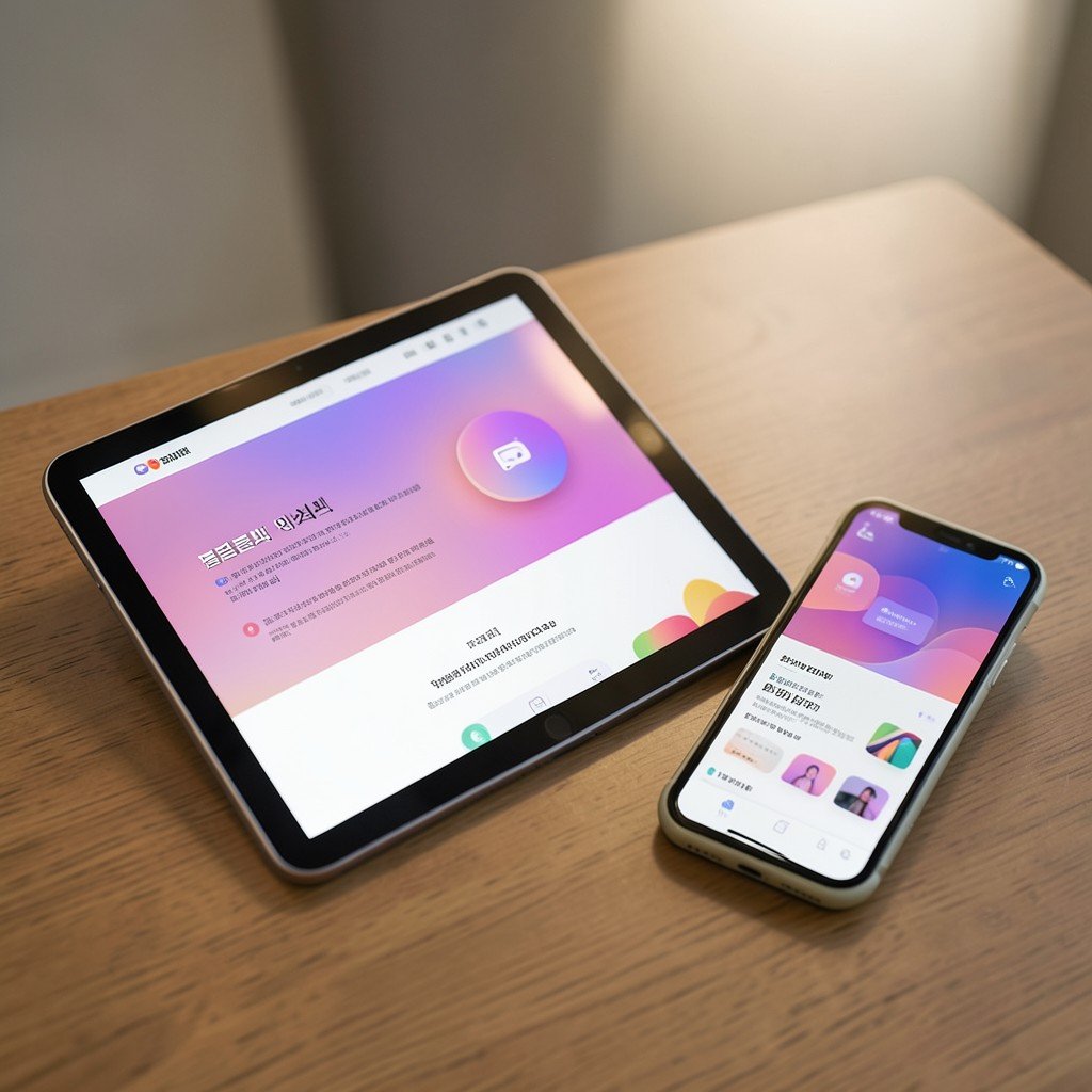A tablet and a smartphone resting on a desk both displaying responsive interactive web designs with smooth gradients and modern UI elements soft ambient lighting NO KOREAN Text 1:1