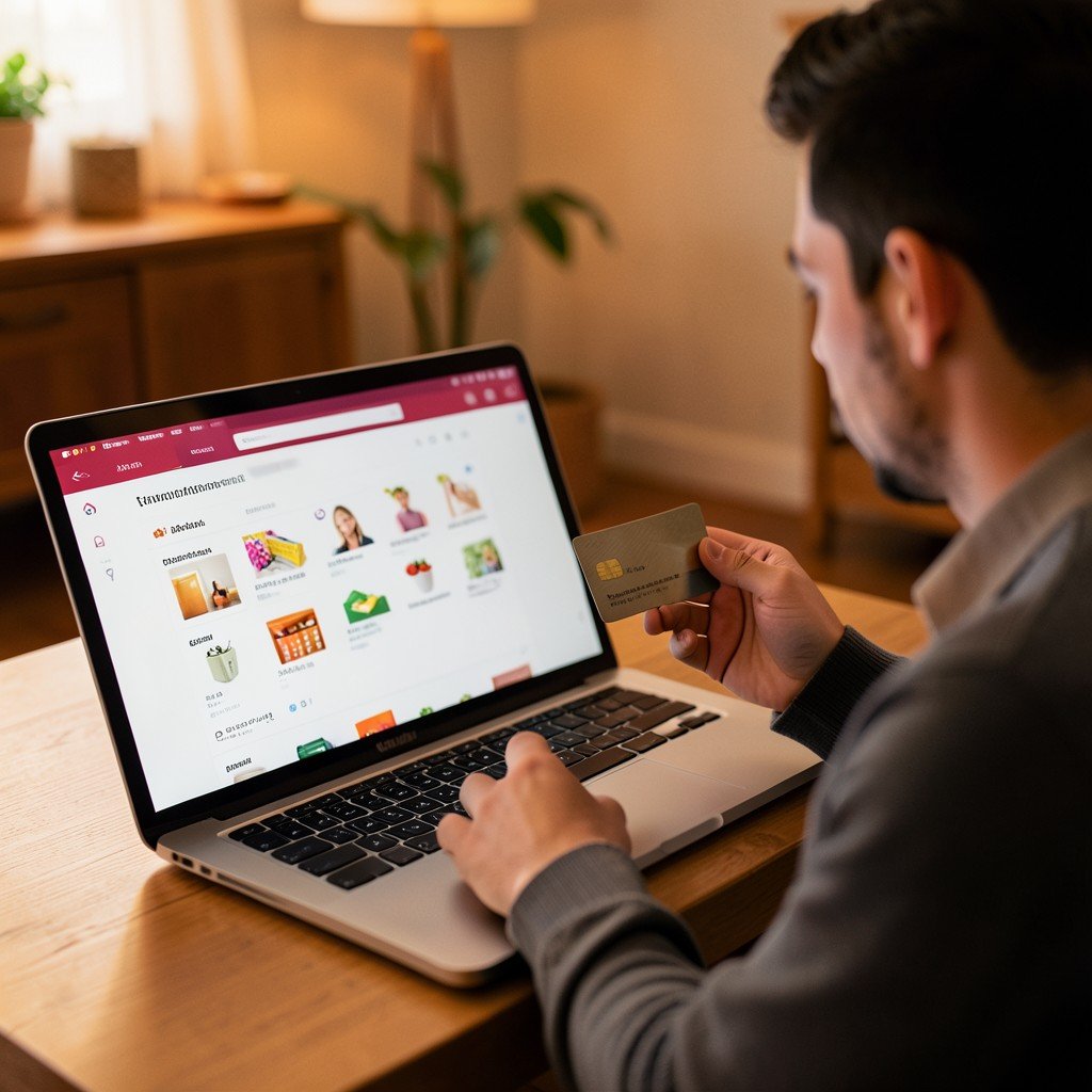 Online shopping concept person holding a credit card looking at a laptop screen showing a shopping cart interface warm indoor lighting lifestyle photography 1:1
