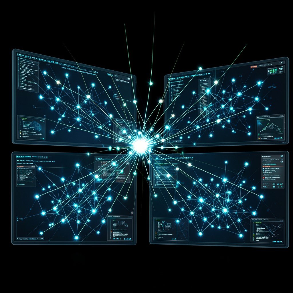 Abstract visual of interconnected glowing memory nodes across multiple digital screens representing long term memory in AI systems NO KOREAN Text aspect ratio 1:1