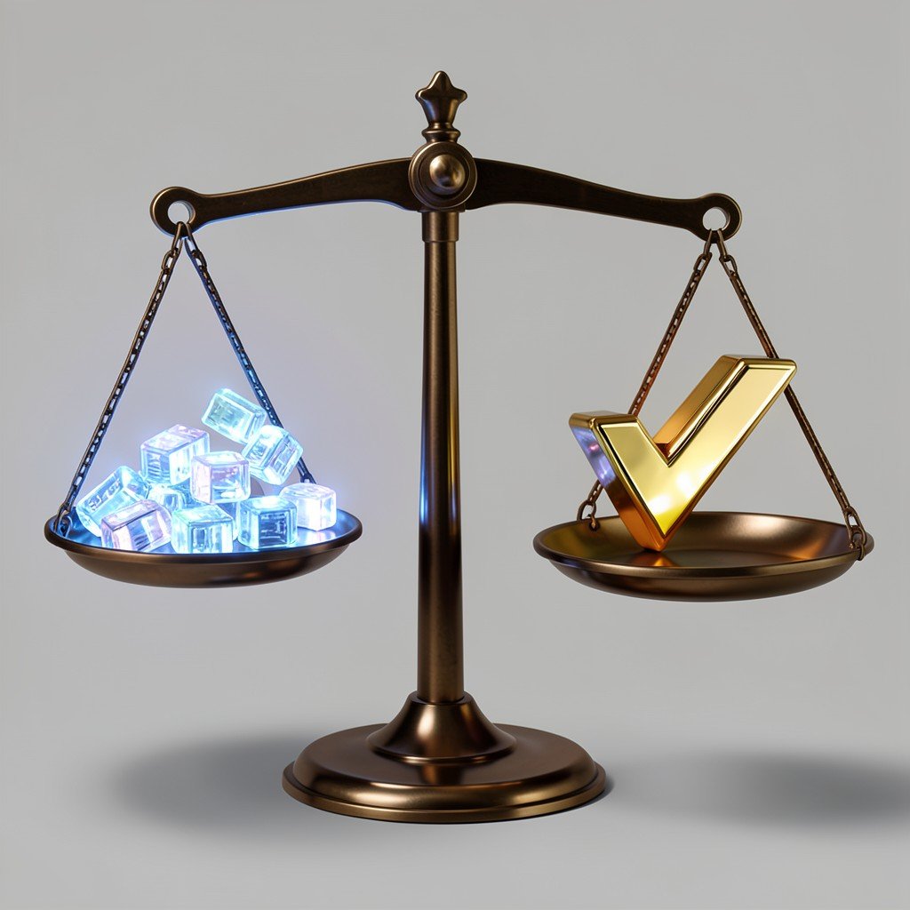Conceptual balance scale showing a trade off between glowing data tokens on one side and a highly polished checkmark on the other representing accuracy NO KOREAN Text aspect ratio 4:3