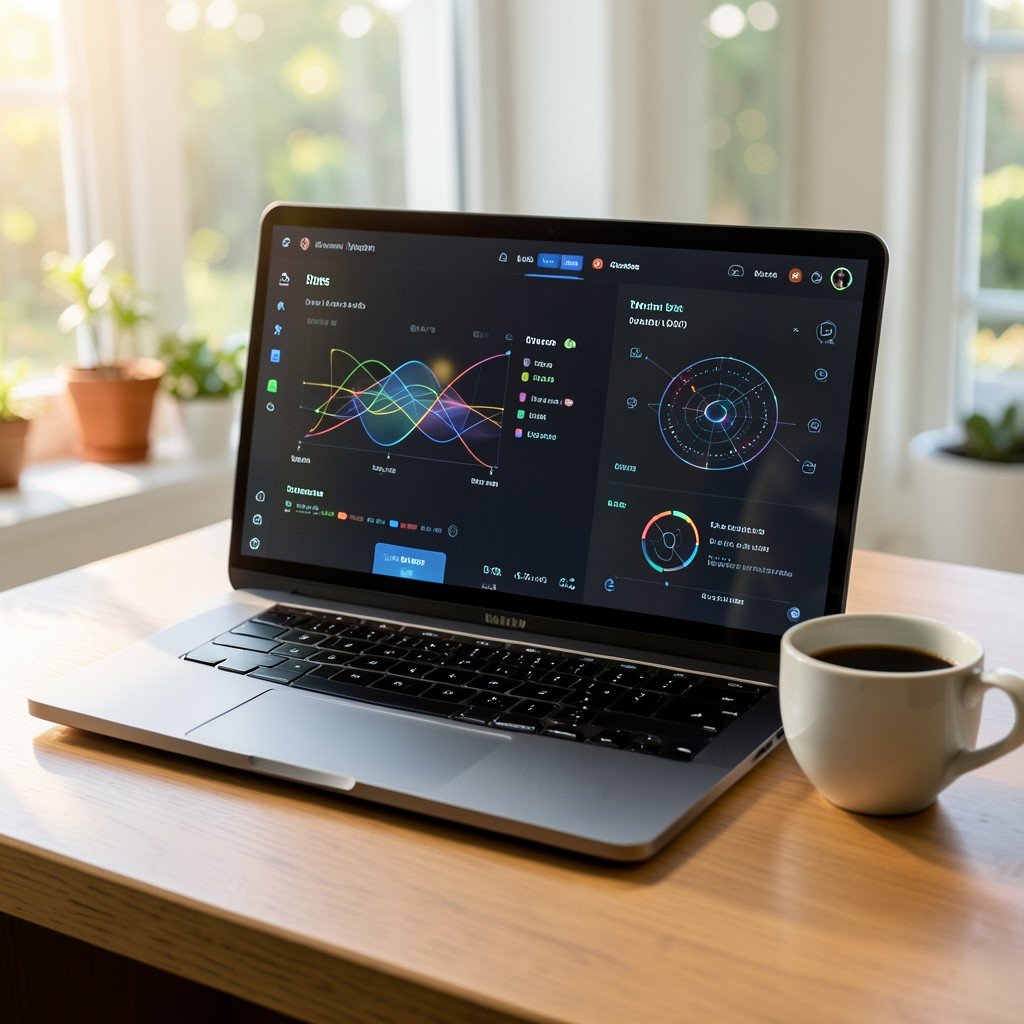 A sleek laptop screen showing a modern AI dashboard interface, next to a cup of coffee on a tidy wooden desk, soft morning light, natural setting, lifestyle photography, 1:1