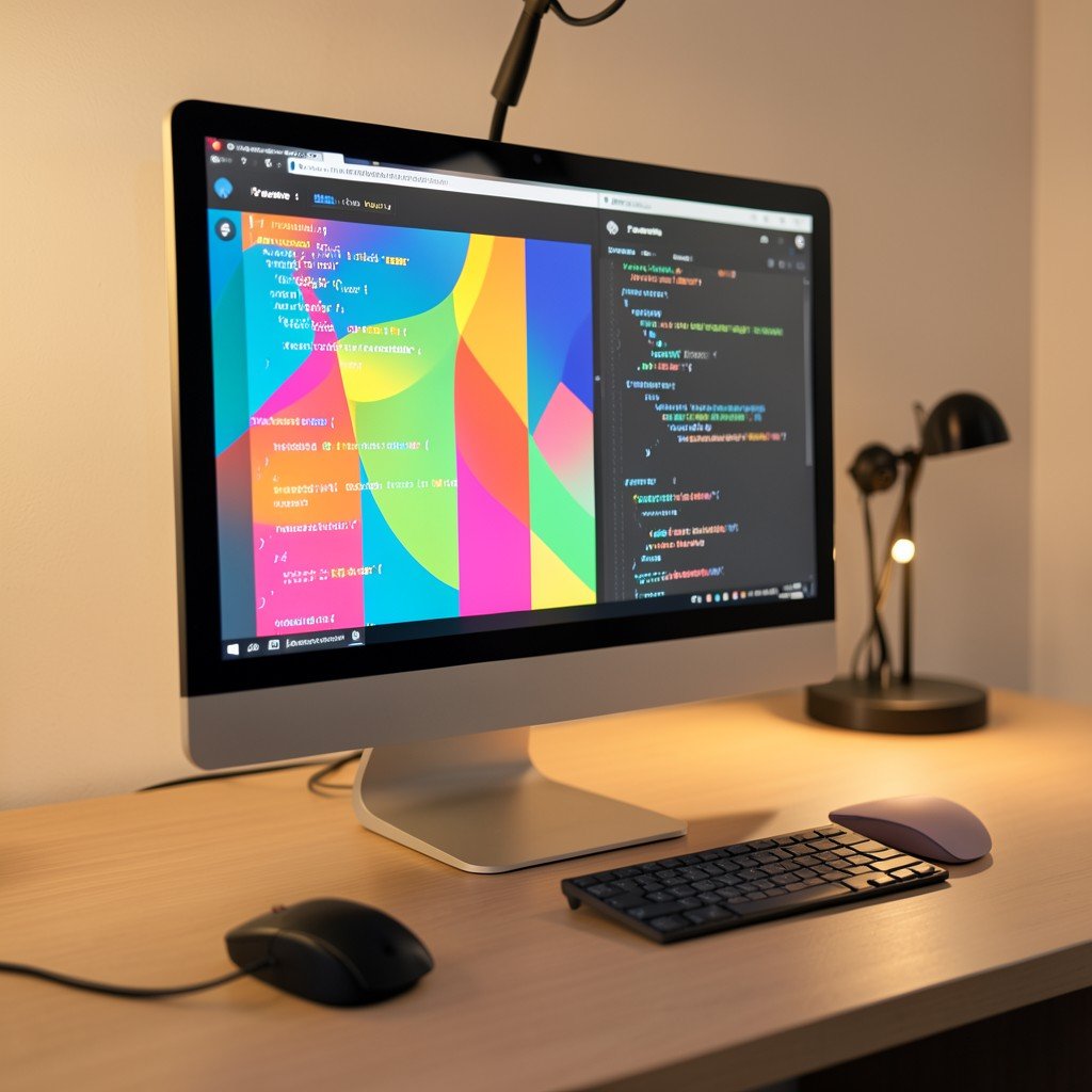 A modern computer screen displaying a colorful UI mockup design next to lines of code on a clean modern desk setup, warm lighting, NO KOREAN Text, 4:3