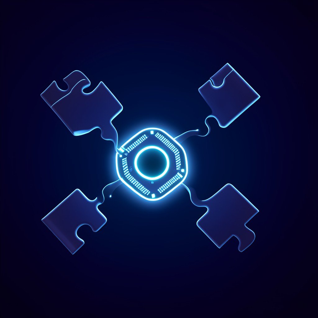 Abstract 3D rendering of glowing puzzle pieces connecting to a central glowing AI chip on a dark blue gradient background, high contrast, NO KOREAN Text, 1:1