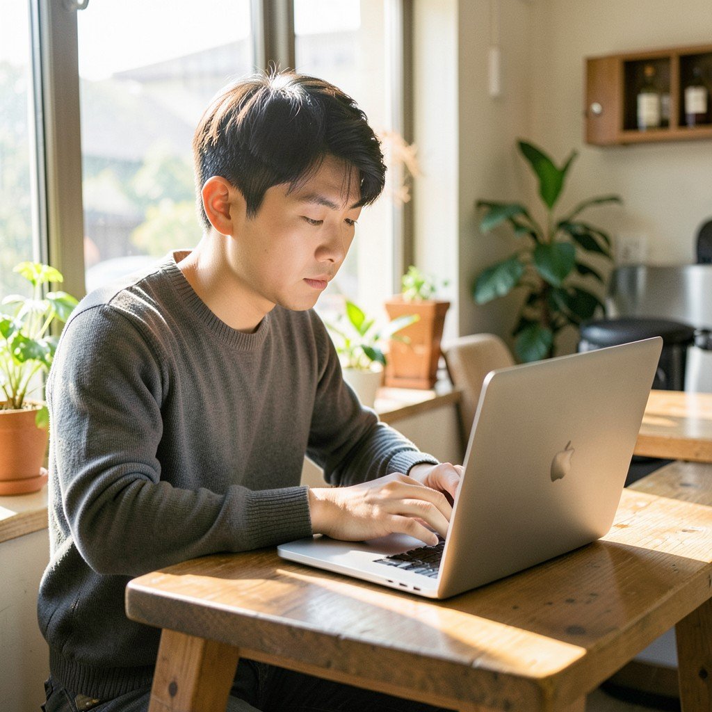 A Korean man focused on working on a metallic laptop at a bright cafe table, sunlight from the window, cozy atmosphere, no text, realistic lifestyle photography, 1:1 aspect ratio