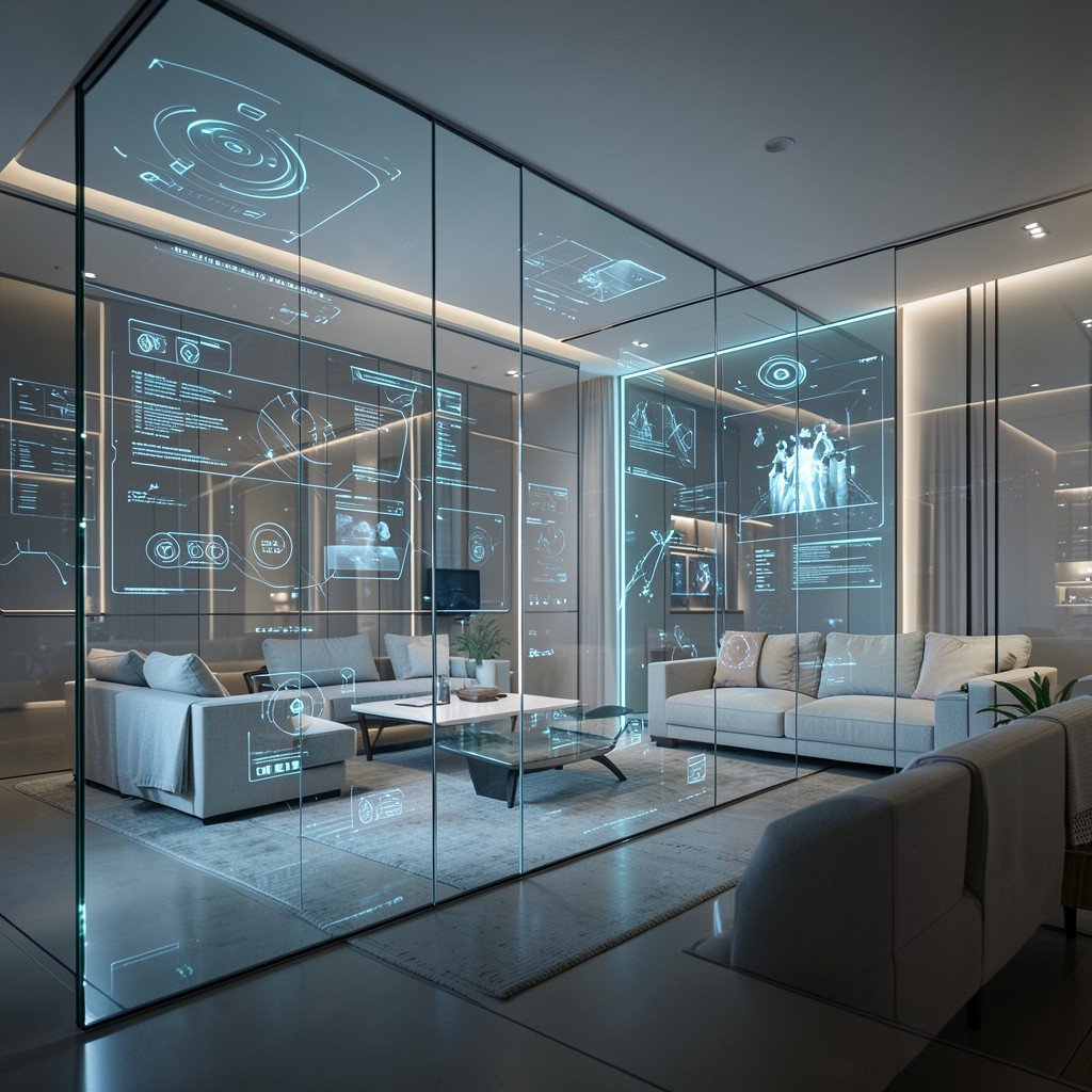 Abstract futuristic technology concept with transparent glass panels and subtle glowing interfaces in a modern living room, soft ambient light, no text, 4:3 aspect ratio