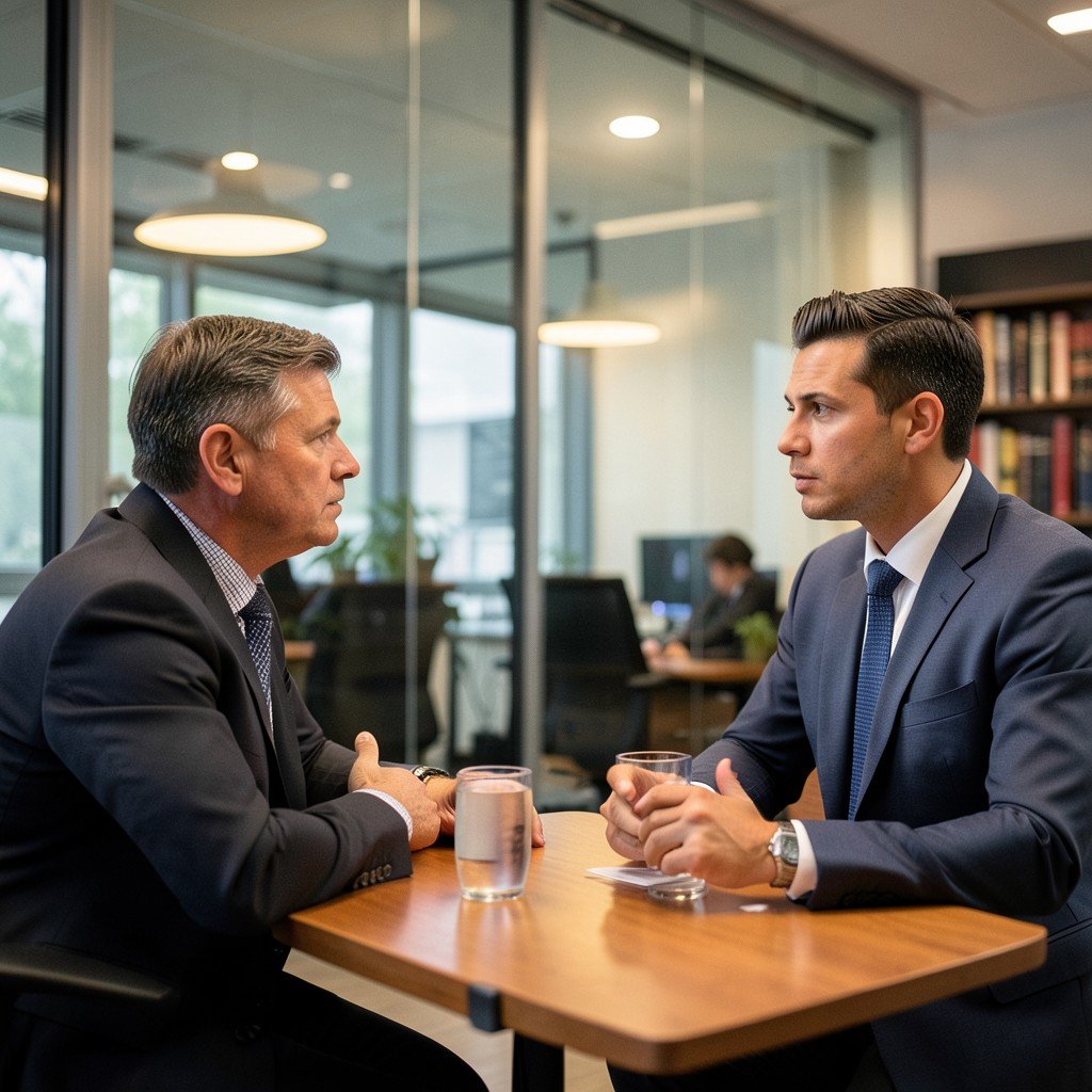 Two executives in business casual attire having a serious discussion in a modern tech office with glass walls, warm indoor lighting, no text, lifestyle photography, 4:3 aspect ratio