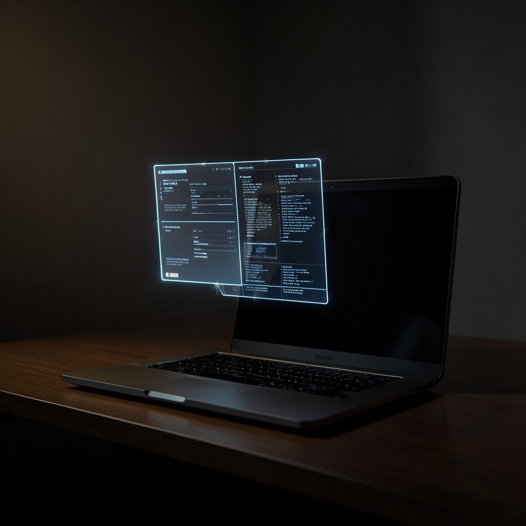 A minimalist desk setup with a modern laptop and a glowing holographic interface subtly floating above the keyboard, dark cozy room, cinematic lighting, no text, 1:1 aspect ratio