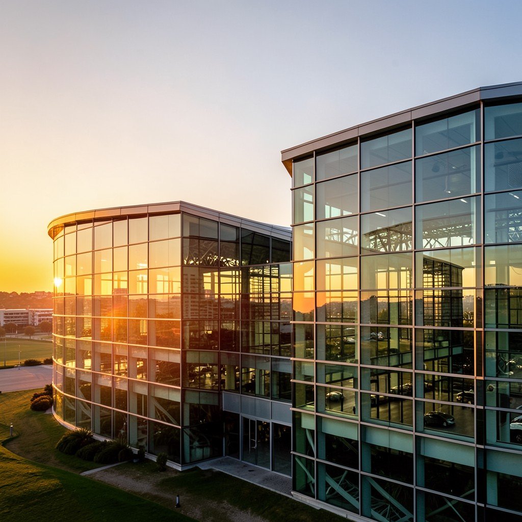 Sunrise at Apple Park with modern glass building reflecting sunlight, no people, warm lighting, high resolution, 1:1