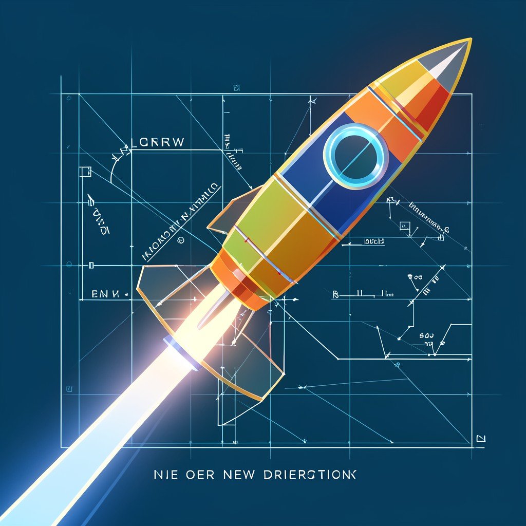 Abstract illustration of a rocket launching from a futuristic blueprint, showing reorganization and new direction, no people, clean lines, 1:1