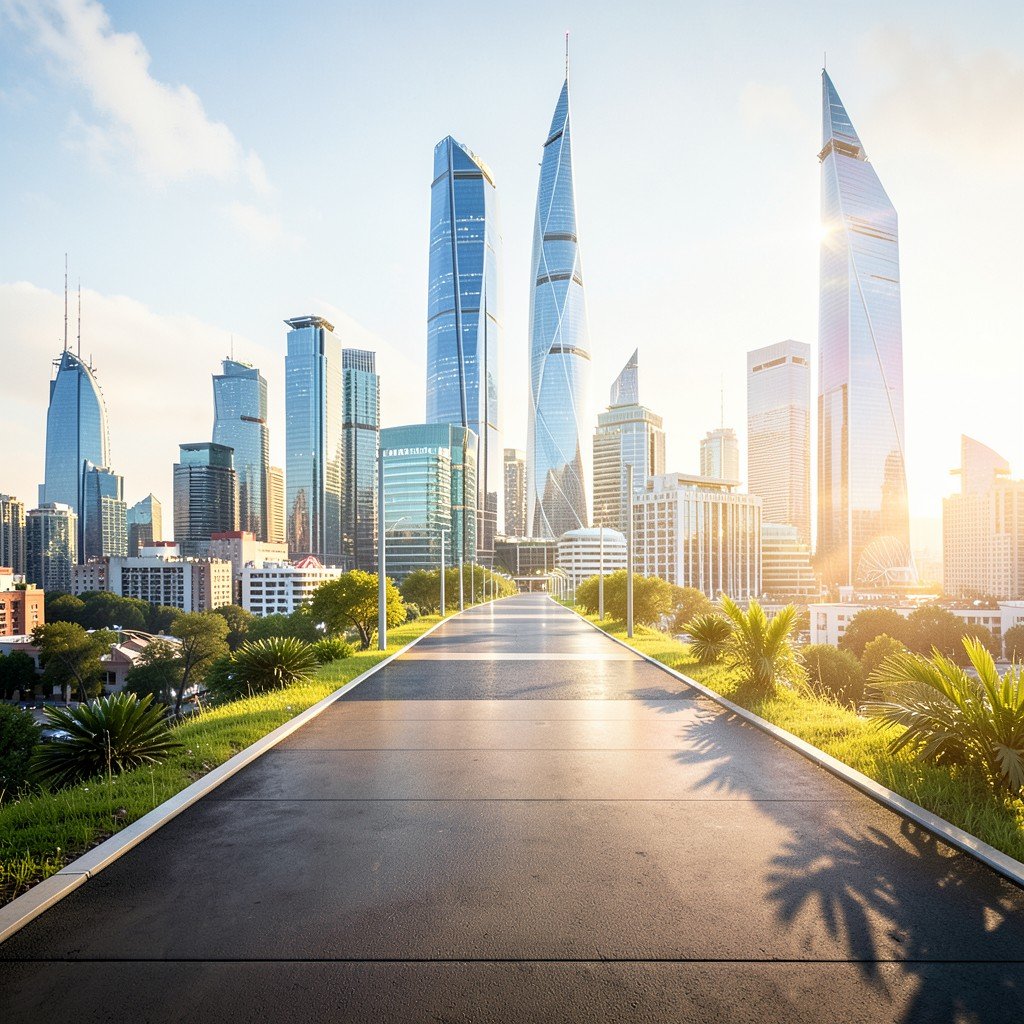 A modern path leading towards a bright futuristic skyline, symbolizing new beginnings, no people, cinematic lighting, 4:3