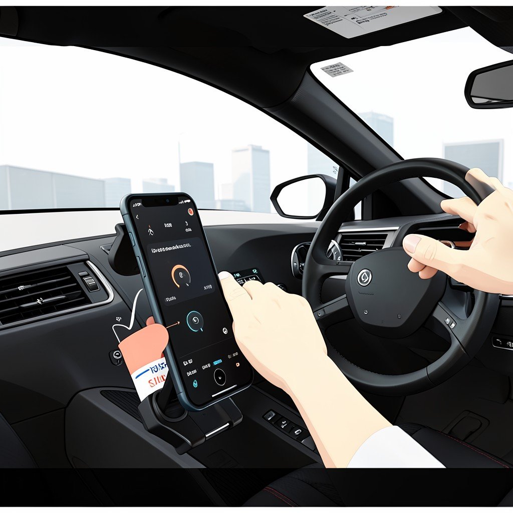 Interior of a modern car showing smartphone mount and driver using voice search app, clean infographic style, modern layout, high contrast, no text, 1:1