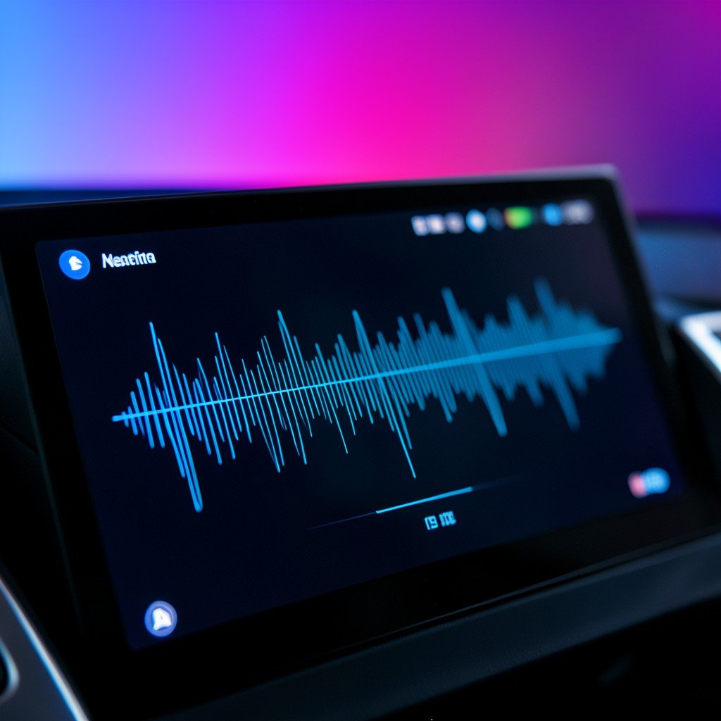 Close up of car infotainment screen with voice waveform graphic, modern tech aesthetic, colored gradient background, no text, 4:3