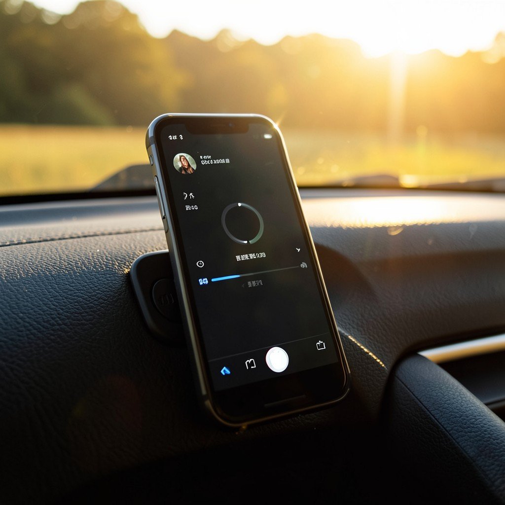 Smartphone mounted on car dashboard showing voice recognition interface, lifestyle photography, warm lighting, natural setting, no text, 1:1