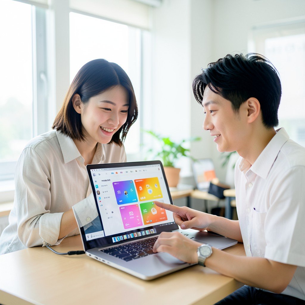 Two Korean professionals collaborating over a laptop, pointing at a colorful UI interface on the screen, bright office environment, natural expressions, no text, 4:3