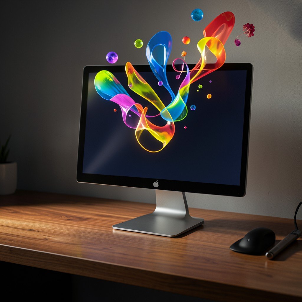 A sleek Apple Mac Studio on a wooden desk with abstract colorful design elements floating above the screen, cinematic lighting, no text, 1:1