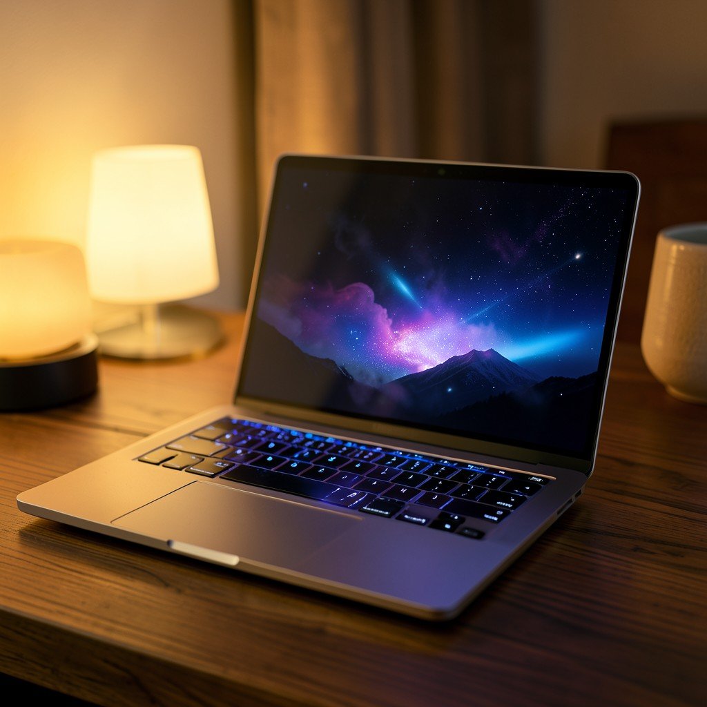 Modern sleek laptop with glowing screen on wooden desk cozy warm lighting NO KOREAN Text 1:1