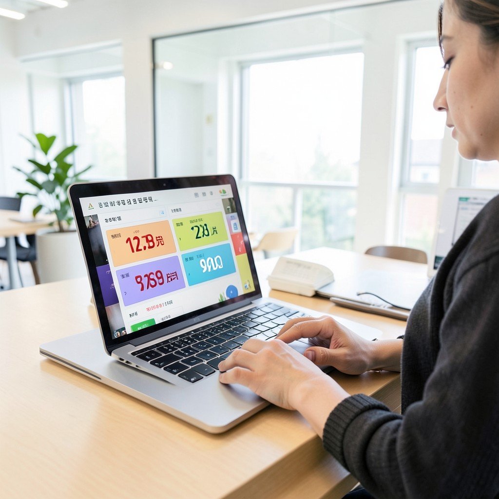 Person comparing laptop prices on screen modern workspace bright lighting NO KOREAN Text 1:1