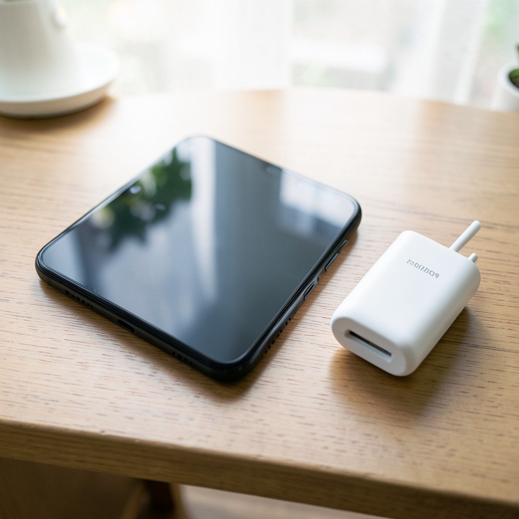 New smartphone and charger on table soft natural light NO KOREAN Text 4:3