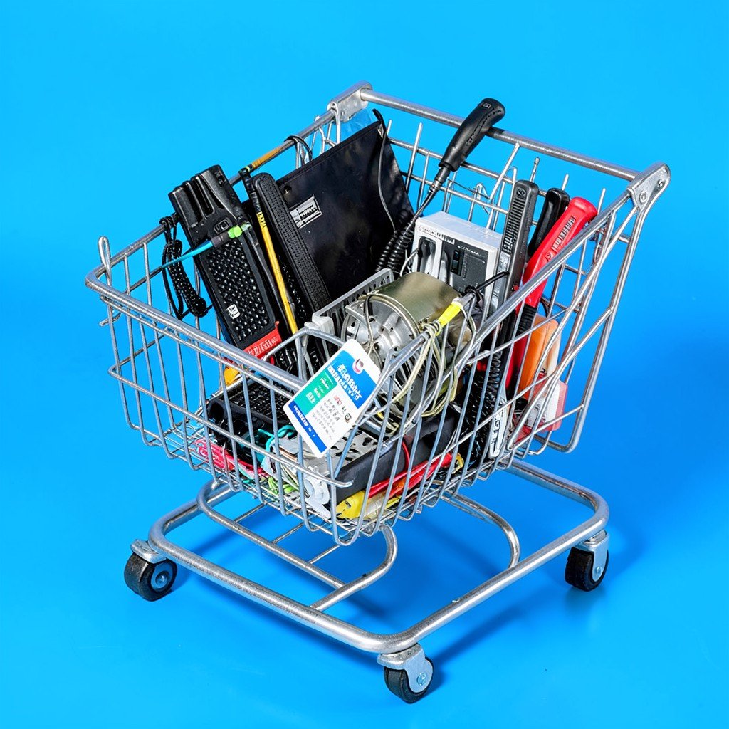 Shopping cart with electronics and tags on blue background bright lighting NO KOREAN Text 1:1
