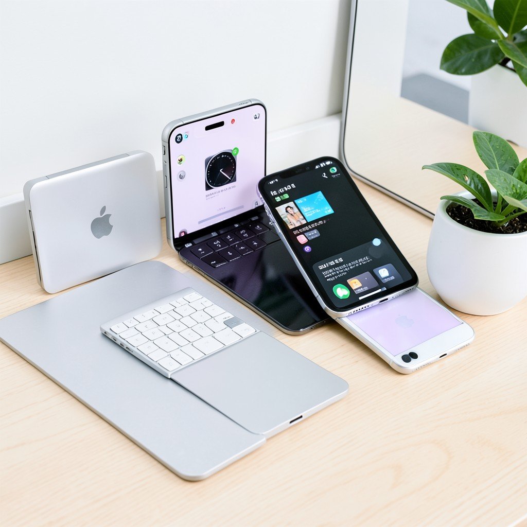 Apple devices ecosystem on clean desk lifestyle photography NO KOREAN Text 1:1