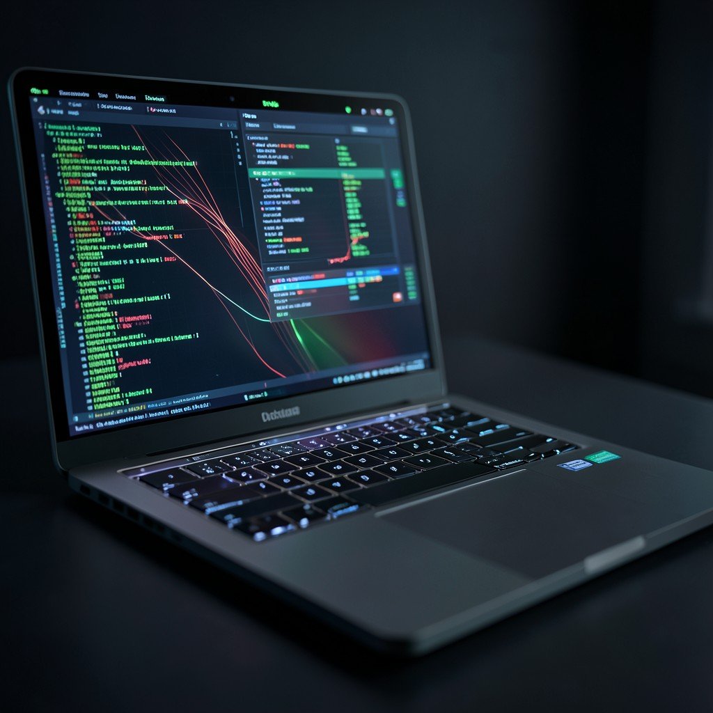 Close up of a modern laptop running complex AI algorithms locally, glowing data streams on the screen, dark aesthetic background, 1:1