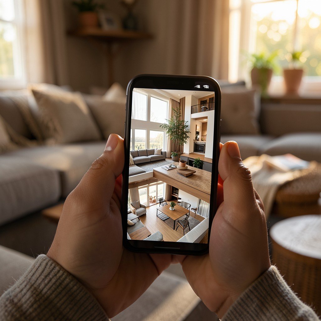 A person using a smartphone to view a 3D interior design model in a living room, lifestyle photography, warm lighting, natural setting, 1:1