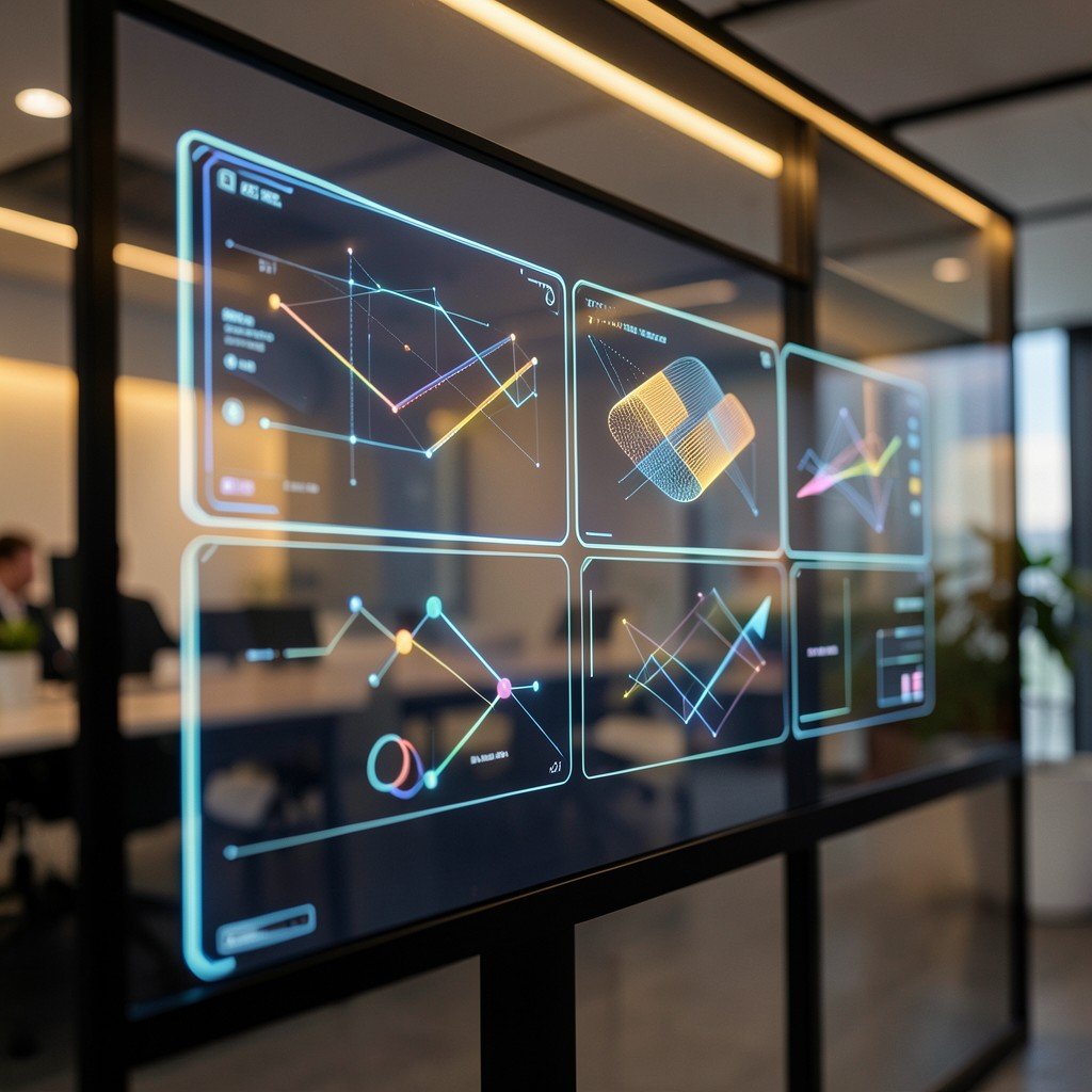 Close up of a glowing digital interface screen showing abstract presentation slides and layout elements, no text, warm professional lighting, high tech office environment, 1:1