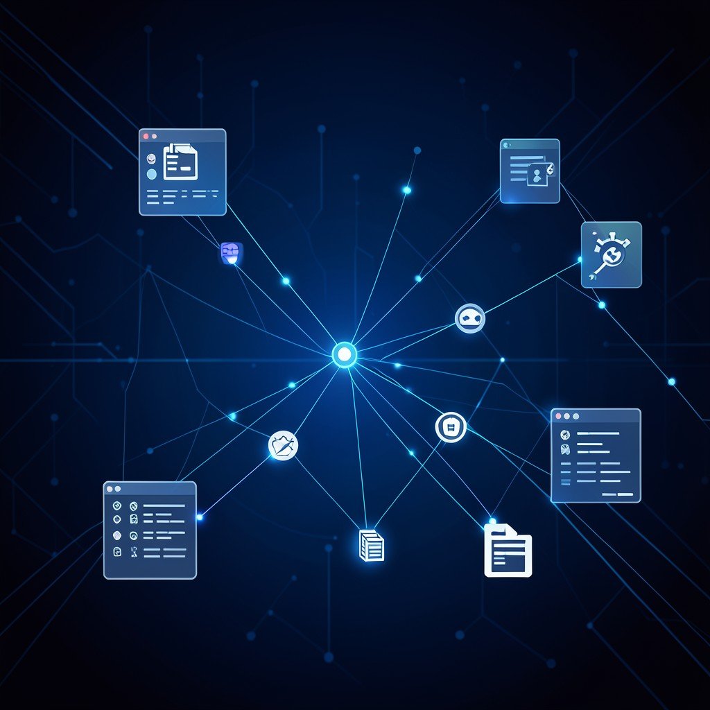 Abstract visualization of files exporting to different platforms with generic UI icons floating and connecting with lines, no text, dark blue tech background with glowing nodes, 1:1