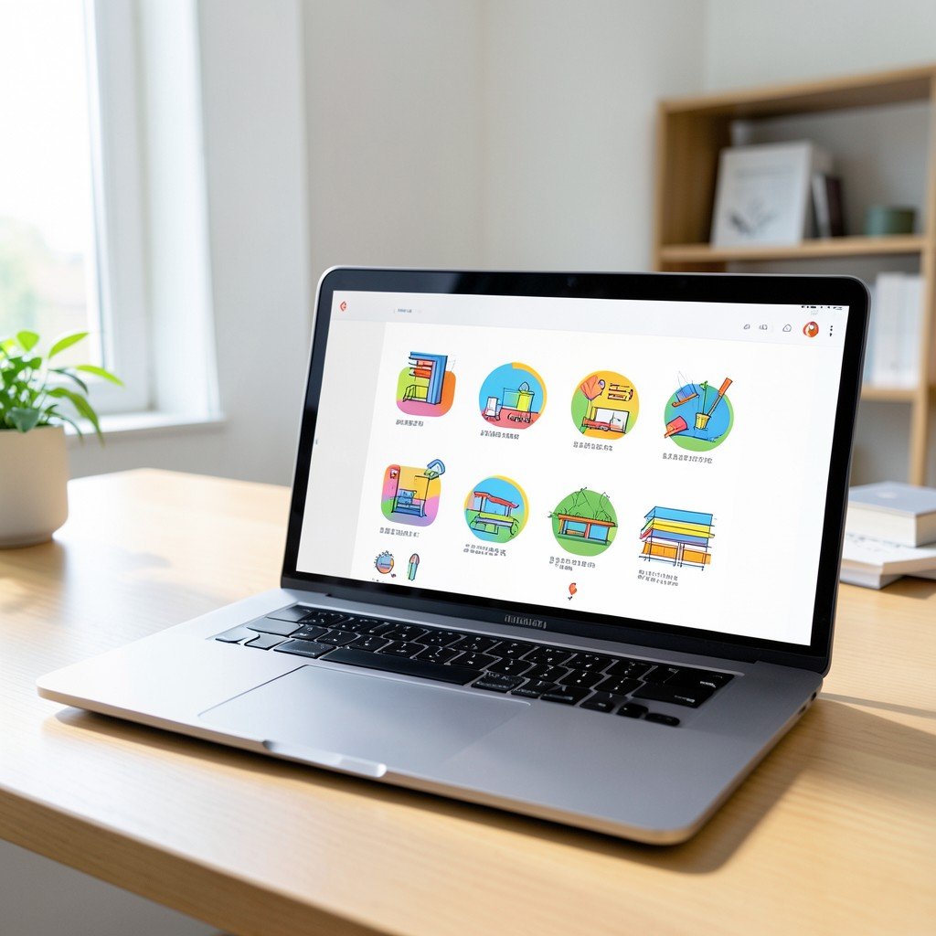 A sleek laptop on a desk showing a finished colorful design layout on the screen, no text, bright natural office lighting, professional workspace setting, 1:1