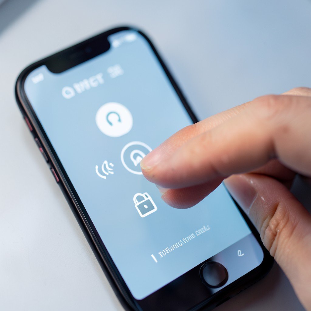 Close-up of a hand tapping on a smartphone settings app icon with privacy lock symbols, modern clean UI, high contrast, informational, no text, 4:3