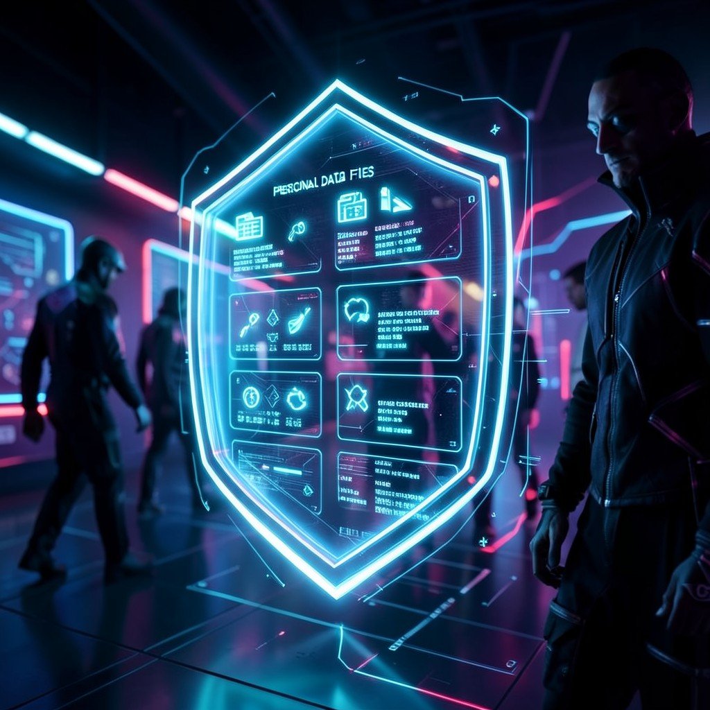 Glowing digital shield protecting personal data files from shadowy data broker figures, futuristic and secure atmosphere, neon lighting, no text, 1:1