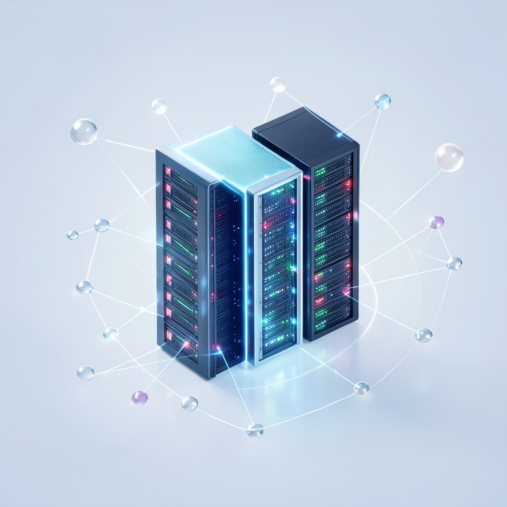 Abstract representation of a cloud computing subscription service with monthly payment concept glowing server racks and floating connection nodes in a clean modern layout no text aspect ratio 1:1