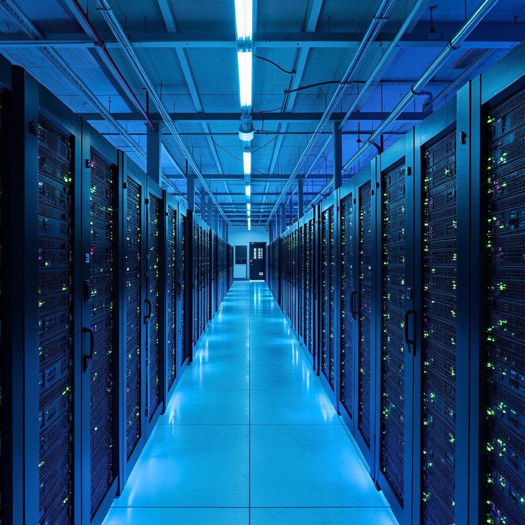 A wide view of a massive modern data center with rows of glowing server racks illuminated pathways and cool blue ambient lighting representing global cloud infrastructure no text aspect ratio 4:3