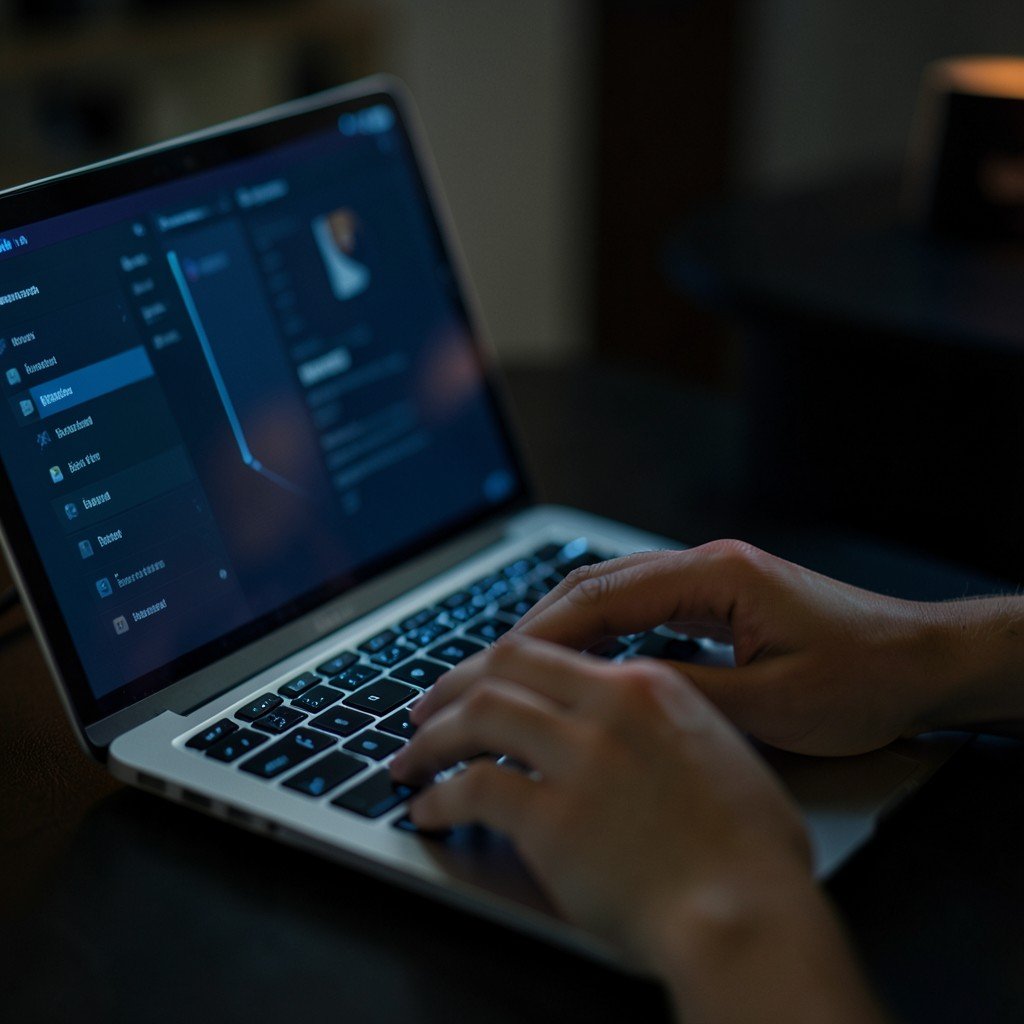 Close up of hands typing on a laptop keyboard in a dimly lit room, screen glowing with modern interface, no text visible, cinematic lighting, lifestyle photography, 4:3
